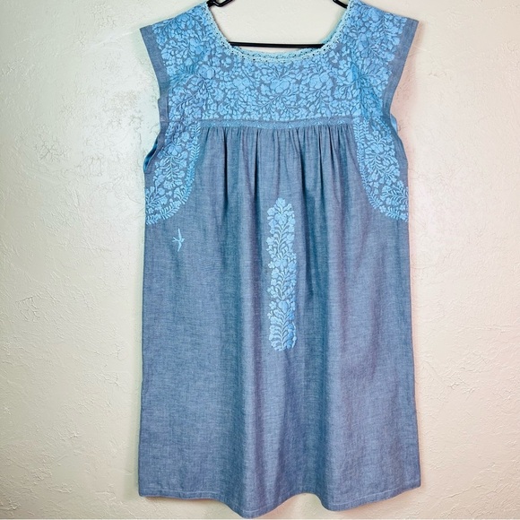 MI GOLODRINA FLORES SHIFT DRESS EMBROIDERED CHAMBRAY DENIM SIZE LARGE - Picture 1 of 8